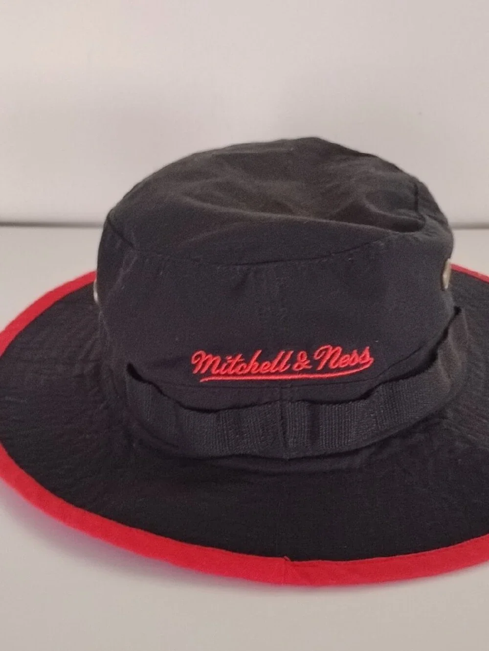 Mitchell & Ness Black and Red Bucket Hat with Team Patch